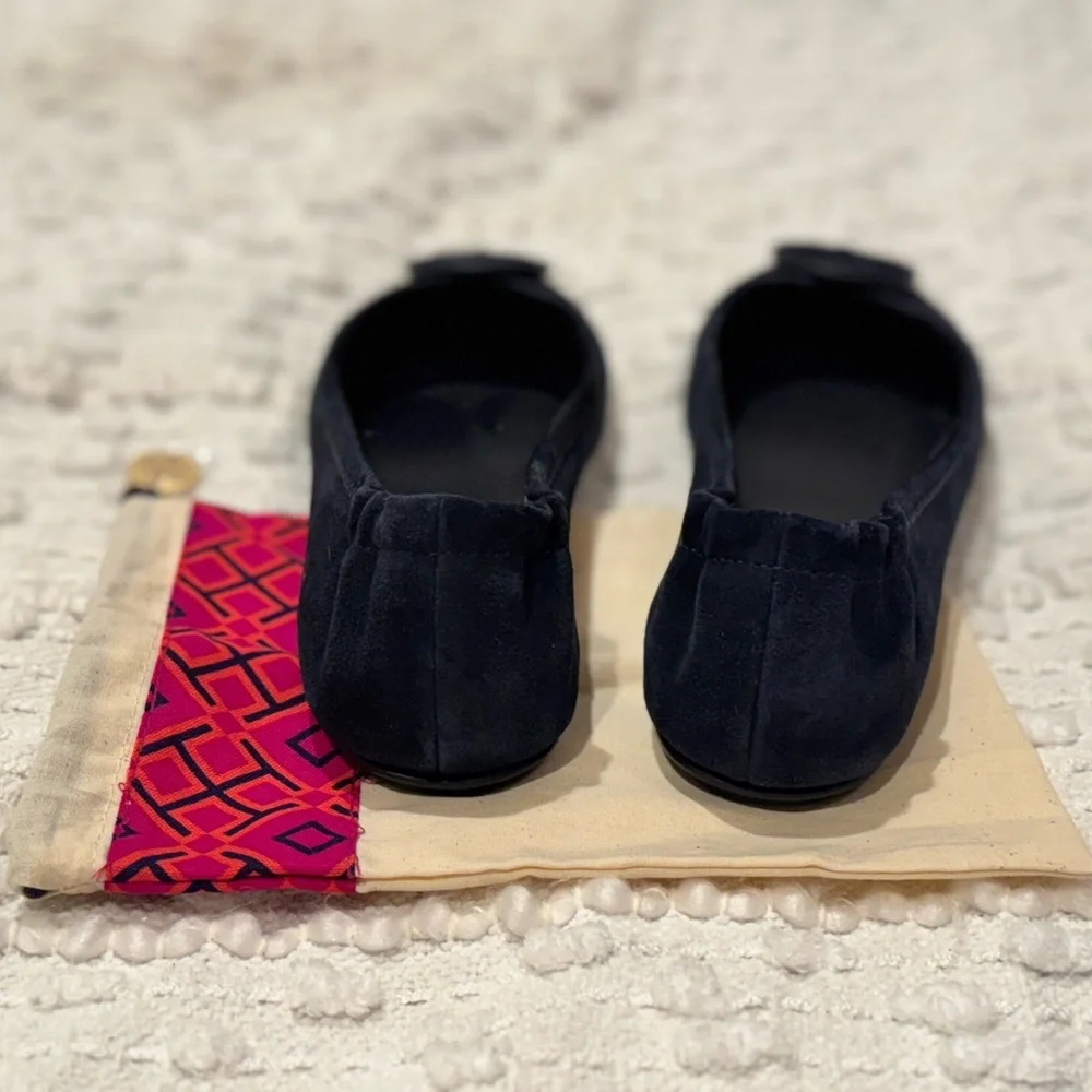 Tory Burch Navy Blue Suede Flats with Medallion - Picture 3 of 8